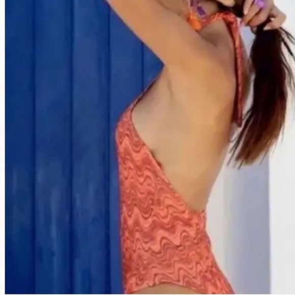ZARA NWT Retro Wavy Print Halter One Piece Swimsuit Large Boho Keyhole Plunge - Picture 3 of 16